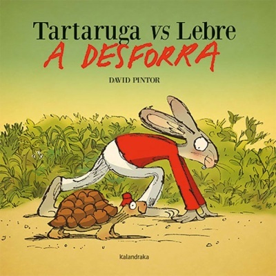 Capa de livro com uma lebre e uma tartaruga prontos para correr, título em português