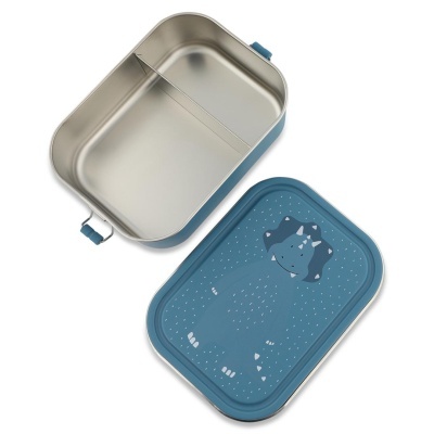 Recipiente alimentar retangular em aço inoxidável com tampa azul e desenho de dinossauro