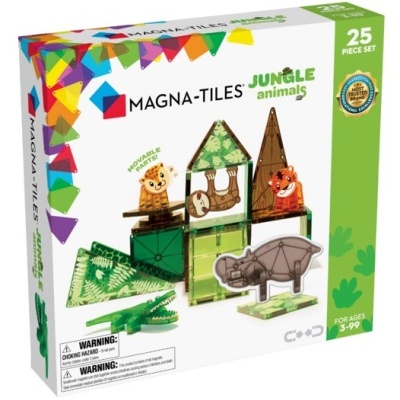 Conjunto MAGNA-TILES JUNGLE animals com 25 peças coloridas e figuras de animais em fundo branco e verde.