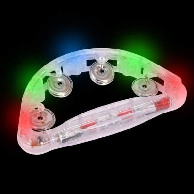 Pandeireta plástica transparente com discos metálicos e LEDs coloridos