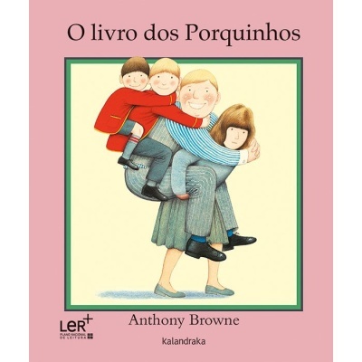 Capa do livro 'O livro dos Porquinhos' com ilustração de mulher a carregar duas crianças.