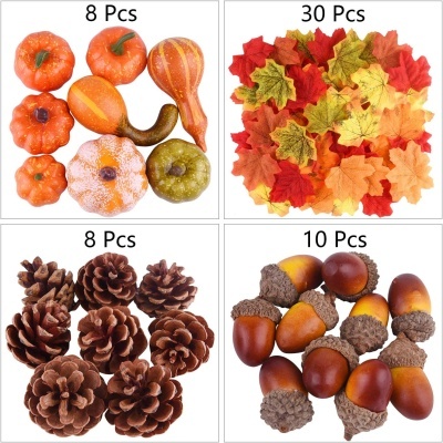 Conjunto de decorações de outono com abóboras, folhas, pinhas e bolotas