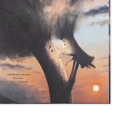 Ilustração de duas árvores abraçadas ao pôr do sol com texto em português.