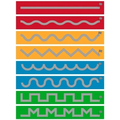 Faixas coloridas com diferentes padrões de estradas cinzentas e bandeiras quadriculadas no fim.