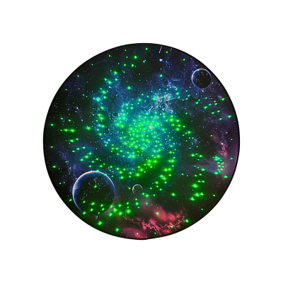 Projeção redonda do espaço com pontos verdes luminosos formando espiral