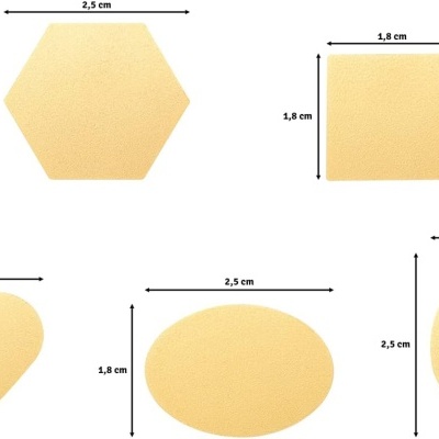 Cinco patches autocolantes em diferentes formas e tamanhos com medidas em cm
