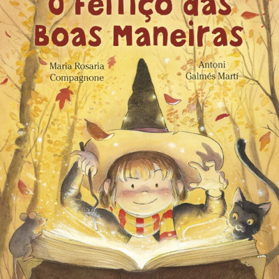 Capa do livro O Feitiço das Boas Maneiras com ilustração de criança de chapéu de bruxa, rato, gato e floresta de outono
