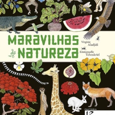 Capa de livro ilustrada com animais e plantas denominada Maravilhas da Natureza