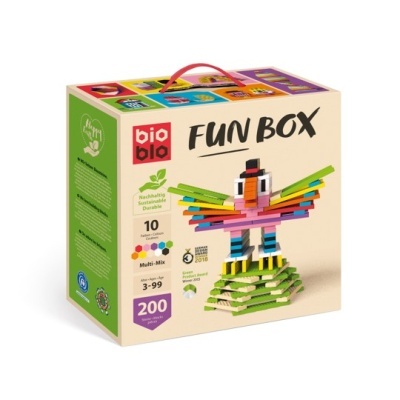Caixa bio blo FUN BOX com blocos de construção coloridos e modelo de pássaro