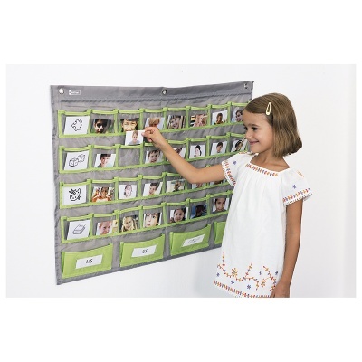 Organizador de parede com fotos e etiquetas verdes e cinzentas