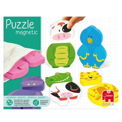 Puzzle magnético com peças de animais coloridas e embalagem verde e branca