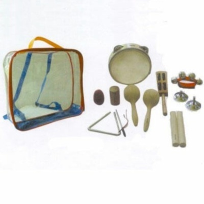 Conjunto de instrumentos musicais infantis com bolsa transparente e vários acessórios de madeira e plástico