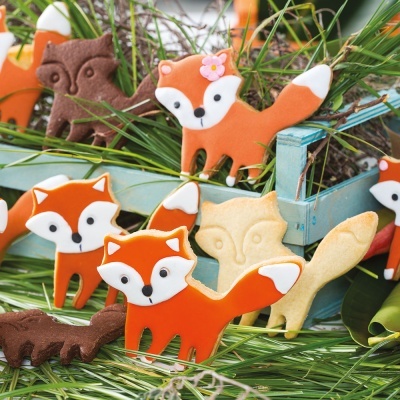 Biscoitos em forma de raposas com decoração colorida sobre relva