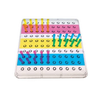 Jogo de tabuleiro com pinos coloridos em base transparente