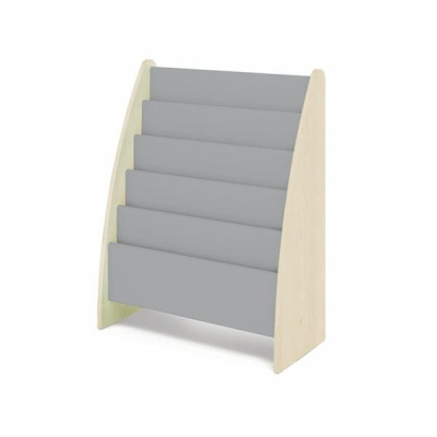 Estante expositora para livros madeira clara e prateleiras cinza