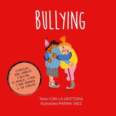 Capa de livro vermelho com ilustração de duas crianças abraçadas e texto sobre bullying.