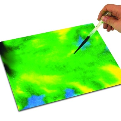 Folha colorida verde, azul e amarelo com mão segurando conta-gotas