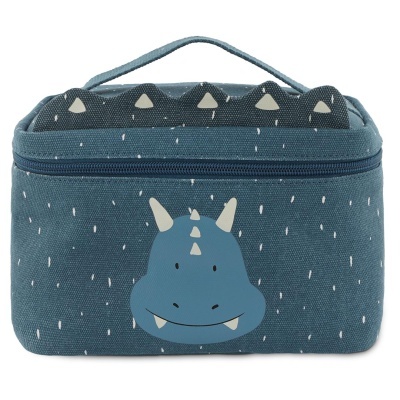 necessaire azul com desenho de dinossauro e padrão de gotas brancas