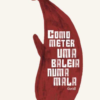 Ilustração de uma baleia vermelha com texto branco e uma figura humana numa mala