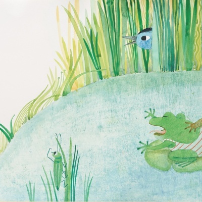 Ilustração de rãs junto a uma lagoa com relva e vegetação