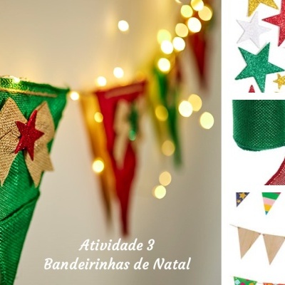 Bandeirola decorativa de tecido verde com estrelas e luzes ao fundo