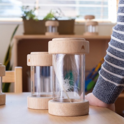 Frascos transparentes com tampas em madeira contendo penas sobre mesa de madeira.