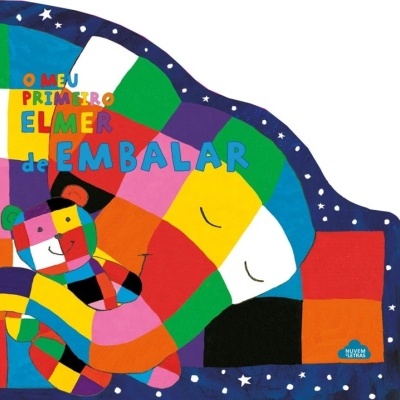 Capa de livro infantil colorido com elefante e urso em mosaico e texto em cores vivas