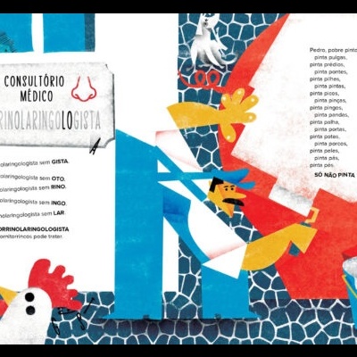 Ilustração com médico, galinhas, texto e parede azul com padrão de azulejos