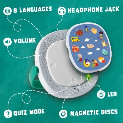 Dispositivo educativo redondo com ficha magnética colorida e texto funcional em fundo verde