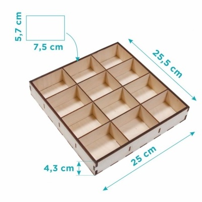 Organizador de madeira com 12 compartimentos e dimensões indicadas