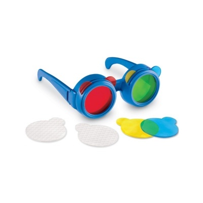 Óculos de plástico azul com lentes coloridas e acessórios