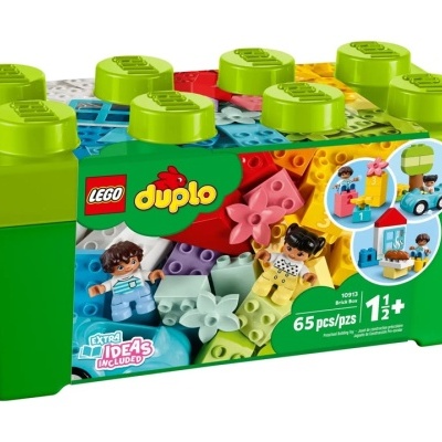 Caixa LEGO DUPLO verde com blocos coloridos e duas figuras de crianças