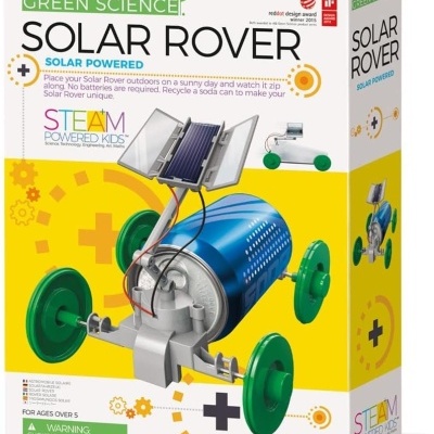 Embalagem de brinquedo Solar Rover da Green Science com carrinho azul e rodas verdes