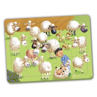 Quebra-cabeças infantil com desenho de ovelhas, coelhos e um menino