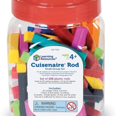 Frasco plástico transparente com tampa vermelha e bastões coloridos Cuisenaire no interior