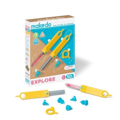 Conjunto de ferramentas Makedo amarelas e azuis e caixa de embalagem