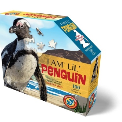 Caixa de puzzle infantil com imagem de pinguim e texto 'I AM Lil' PENGUIN'.