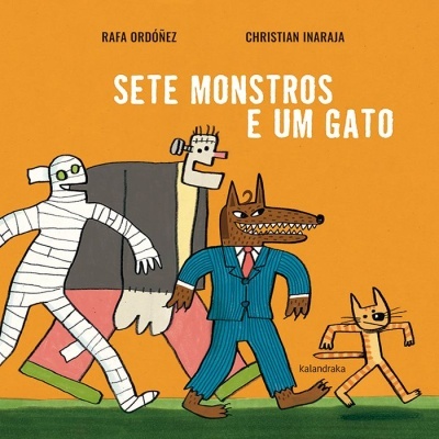 Capa do livro 'Sete Monstros e Um Gato' com personagens de monstros e um gato no fundo laranja