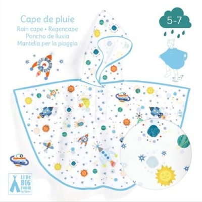 Poncho impermeável infantil com estampa espacial colorida e contorno azul