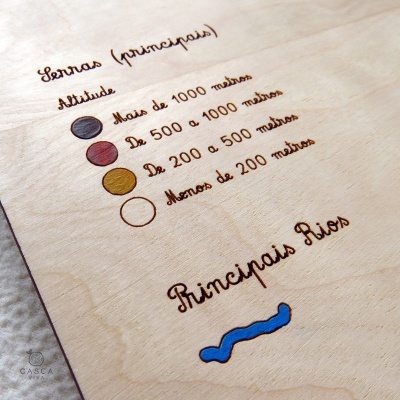 Placa de madeira com legenda sobre altitudes das serras principais e representação gráfica de rios em azul.