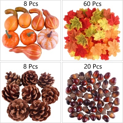 Conjuntos de decoração outonal com abóboras, folhas, pinhas e bolotas em fundo branco.