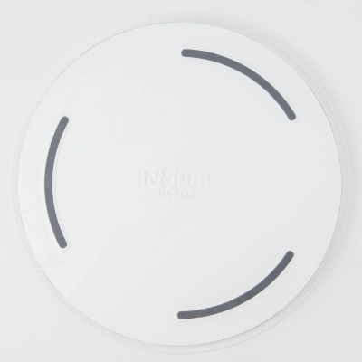 Disco de equilíbrio branco com barras cinzentas curvas e texto em relevo ao centro