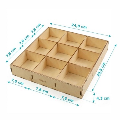 Organizador de madeira com nove compartimentos quadrados e medidas indicadas.