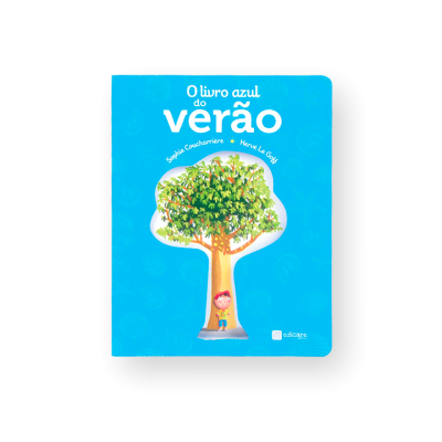 Capa de livro infantil azul com título e ilustração de árvore e criança