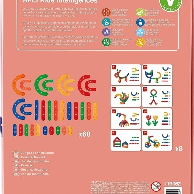Caixa do jogo APLI Kids Intelligences com peças coloridas e 8 cartas instrutivas