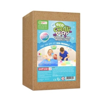 Caixa de Gelli Play eco-friendly com crianças a brincar e texto a indicar cores mistas.