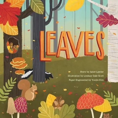 Capa de livro infantil em floresta de outono com título LEAVES em letras grandes laranja