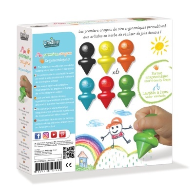 Conjunto de 6 crayons de cera ergonómicos coloridos em embalagem branca com desenhos infantis