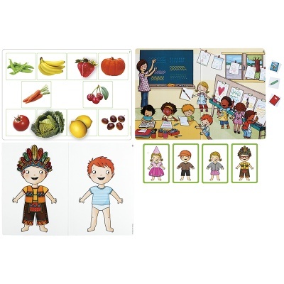 Ilustração de alimentos, sala de aula com crianças e professor e figuras recortáveis de crianças para vestir.