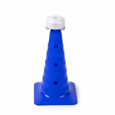 Cone de plástico azul com base quadrada e tampa branca